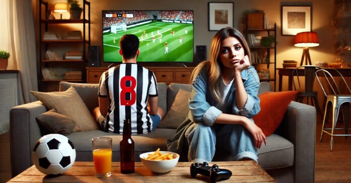 Hombre viendo el fútbol y mujer aburrida