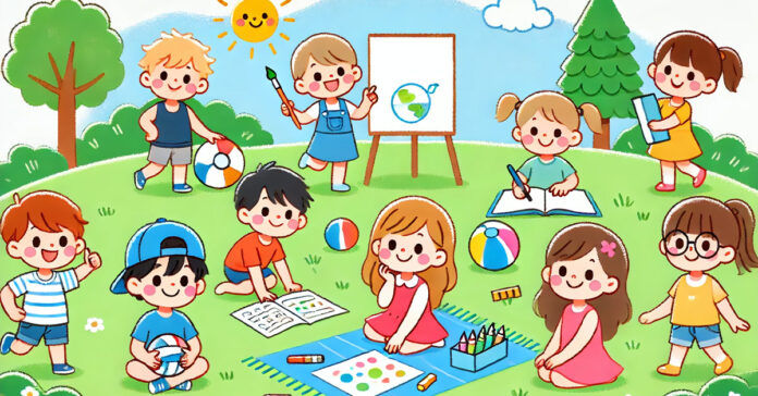 Niños y niñas aprendiendo en curso de verano en el parque