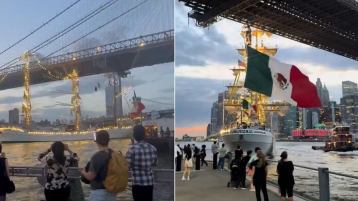 Buque Escuela Cuauhtémoc choca contra el Puente de Brooklyn en Nueva York