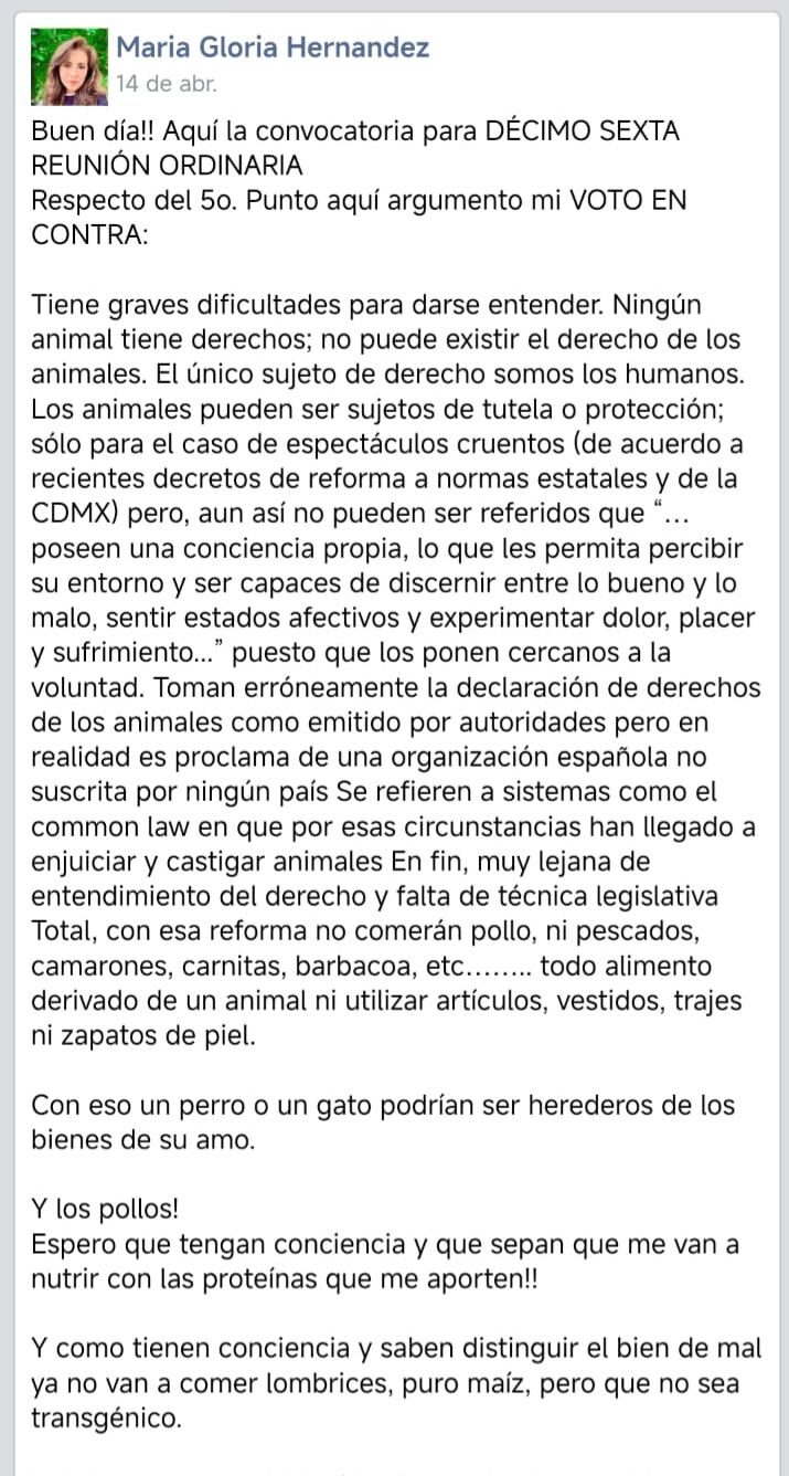 María Gloria Hernández Madrir del PVEM dice que "los animales no sienten afecto ni dolor y no tienen derechos"