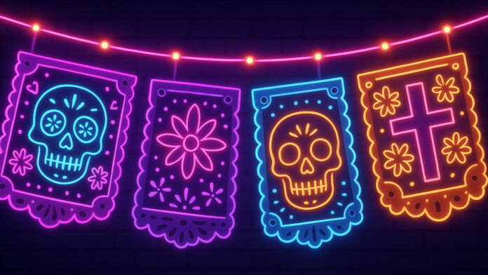 Papel picado de día de muertos con luces neón Papel picado de día de muertos con luces neón
